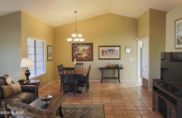 dining room with lofted ceiling, light tile patterned flooring, baseboards, and an inviting chandelier