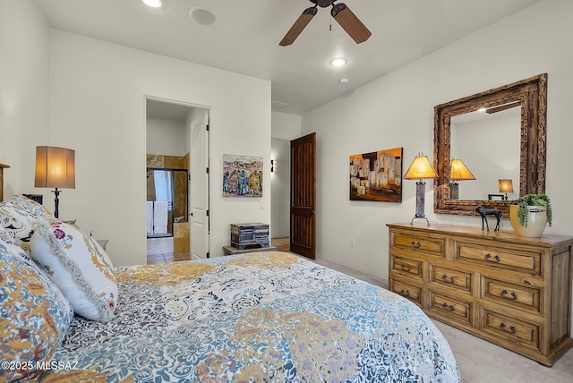 bedroom with light carpet and ceiling fan