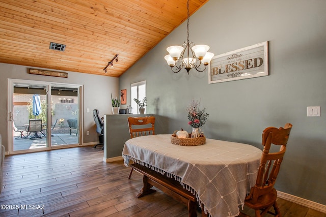 dining space featuring rail lighting, wood ceiling, vaulted ceiling, wood finished floors, and baseboards