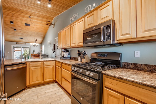 kitchen with light brown cabinetry, appliances with stainless steel finishes, light wood-style floors, a chandelier, and wooden ceiling