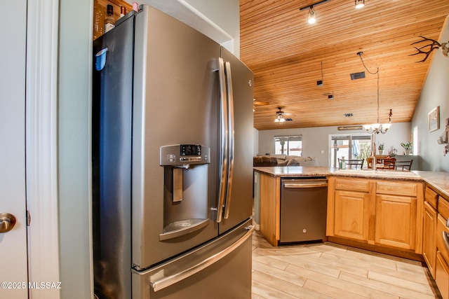 kitchen featuring rail lighting, appliances with stainless steel finishes, wood ceiling, open floor plan, and light wood-type flooring