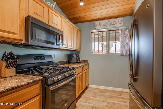 kitchen with stainless steel appliances, vaulted ceiling, light wood-type flooring, wooden ceiling, and baseboards