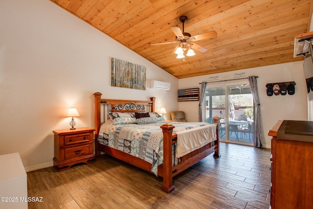 bedroom featuring a wall unit AC, access to exterior, wood ceiling, and wood finished floors