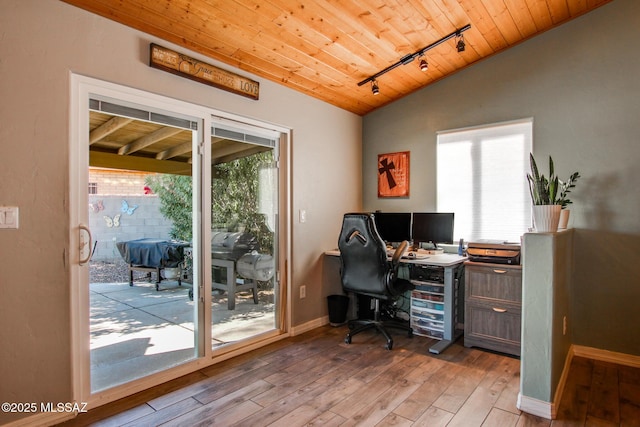 office area featuring wood ceiling, baseboards, vaulted ceiling, and wood finished floors