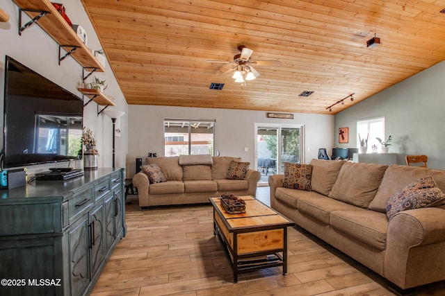 living room with light wood-style floors, wood ceiling, vaulted ceiling, ceiling fan, and track lighting