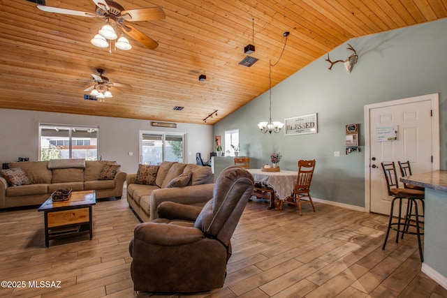 living room featuring high vaulted ceiling, wooden ceiling, wood finished floors, and baseboards