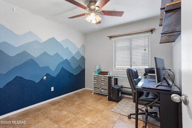 office featuring light tile patterned flooring and ceiling fan