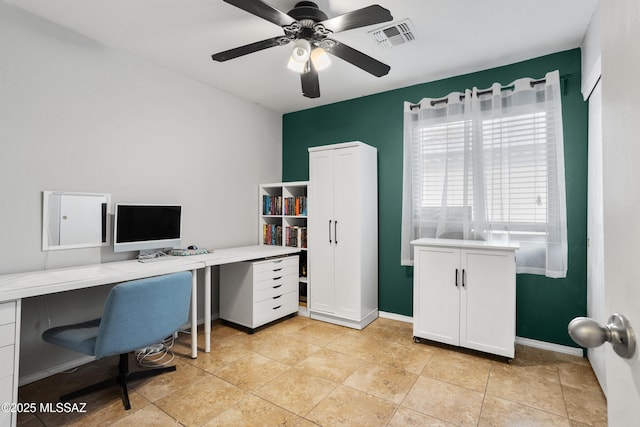 tiled office with ceiling fan