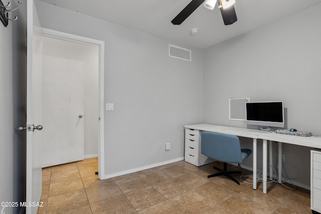 office area featuring light tile patterned floors and ceiling fan