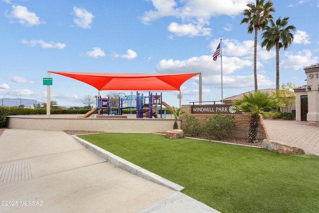 view of jungle gym featuring a yard