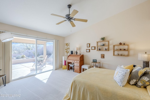 36425 S Golf Course Dr, Tucson, AZ 85739 - bedroom with access to exterior, carpet flooring, lofted ceiling, and ceiling fan