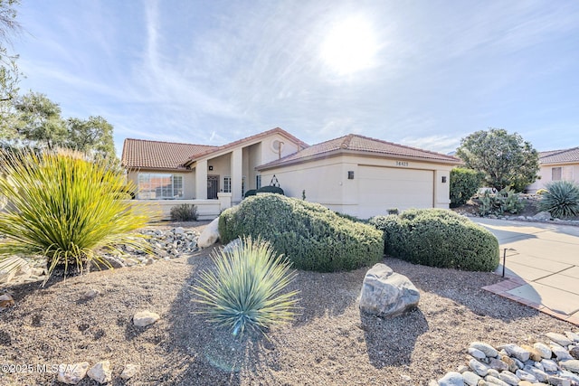 36425 S Golf Course Dr, Tucson, AZ 85739 - mediterranean / spanish home featuring a garage, stucco siding, and a tiled roof