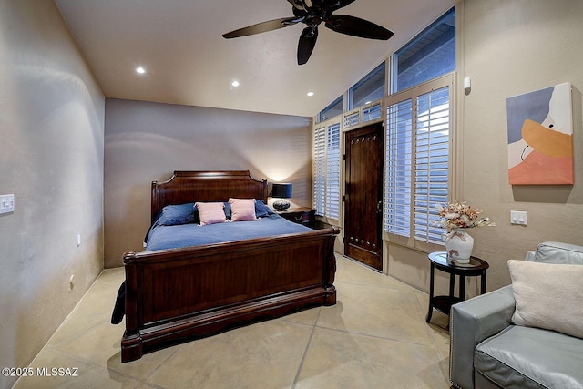 bedroom featuring lofted ceiling, ceiling fan, and recessed lighting