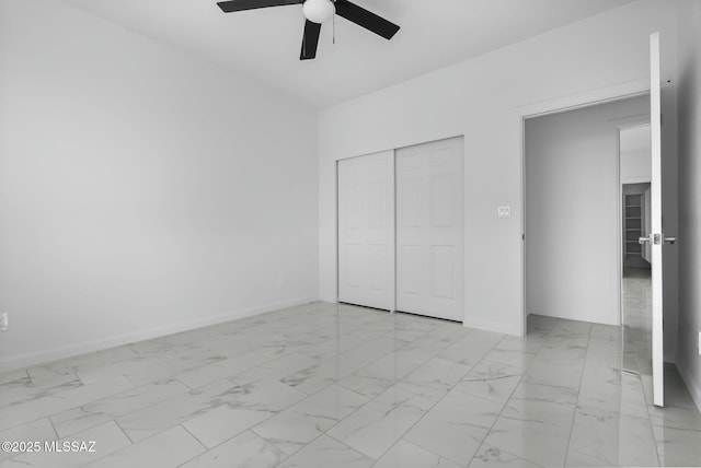 unfurnished bedroom with a closet and ceiling fan