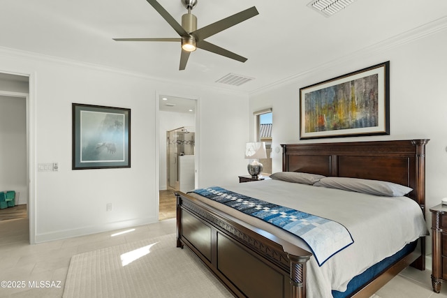 bedroom featuring crown molding, light tile patterned floors, ceiling fan, and ensuite bath