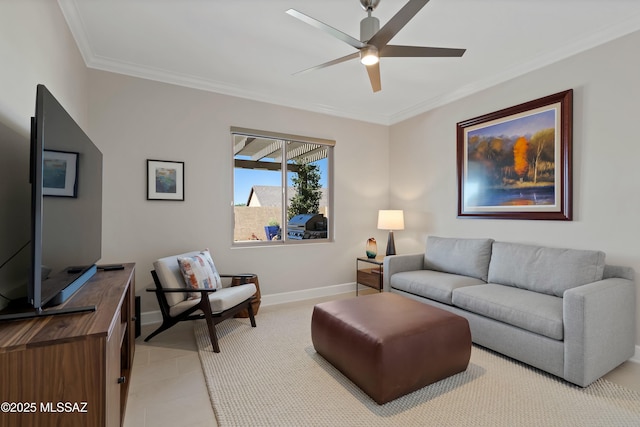 tiled living room with ceiling fan and ornamental molding