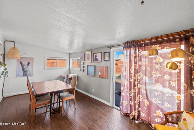 dining room with dark hardwood / wood-style floors and a textured ceiling