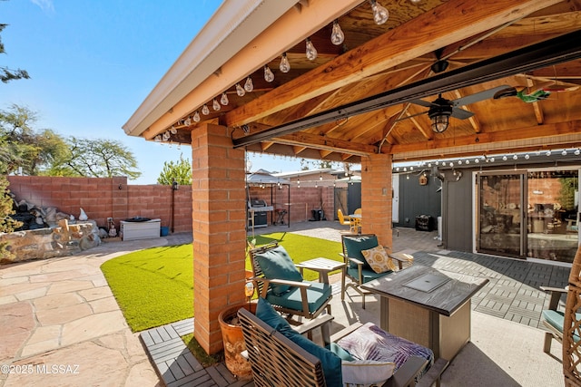 view of patio / terrace with a gazebo, outdoor lounge area, a grill, and ceiling fan