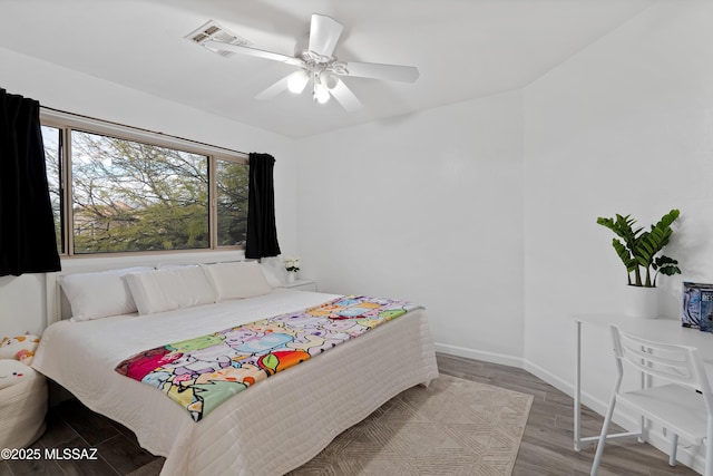 bedroom with ceiling fan and wood-type flooring