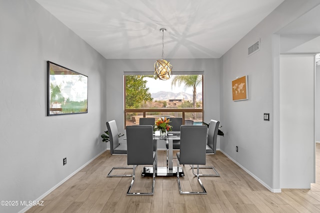 dining room featuring a mountain view and light hardwood / wood-style flooring