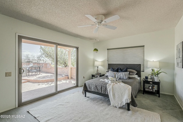 bedroom featuring baseboards, carpet, a textured ceiling, a ceiling fan, and access to outside