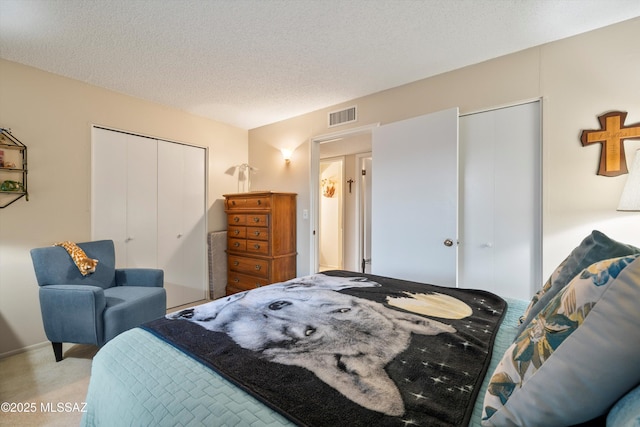 carpeted bedroom with a closet and a textured ceiling