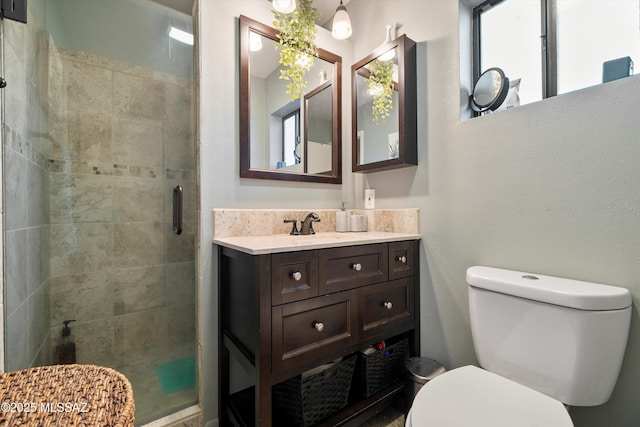 bathroom featuring a shower with door, vanity, and toilet