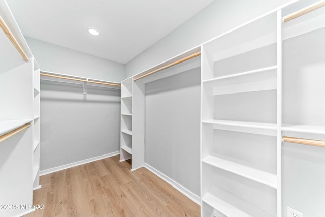 walk in closet with light wood finished floors