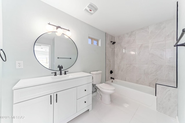 full bath featuring toilet, shower / bath combination, vanity, and tile patterned floors