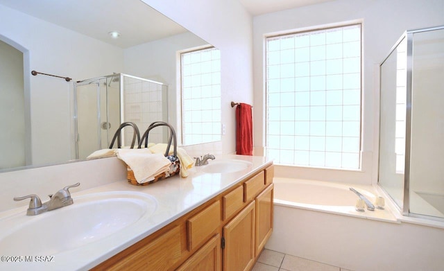 bathroom with vanity, separate shower and tub, and tile patterned floors