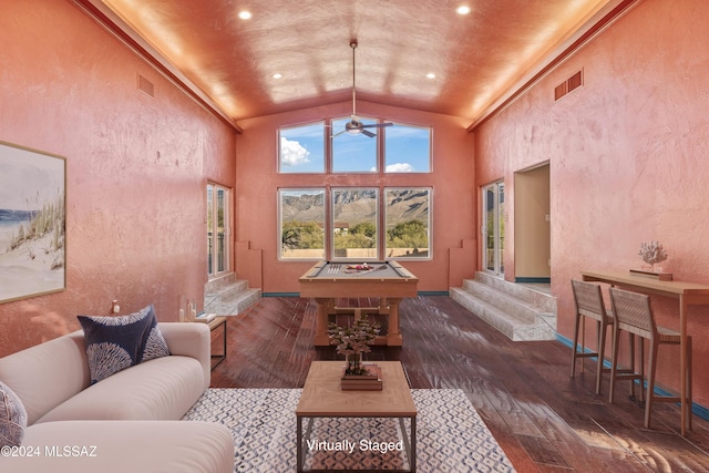 living room featuring a textured wall, visible vents, wood finished floors, and pool table