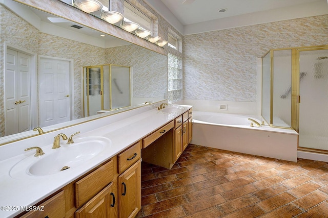 14686 N Lost Arrow Dr, Oro Valley, AZ 85755 - bathroom with independent shower and bath, vanity, and hardwood / wood-style flooring