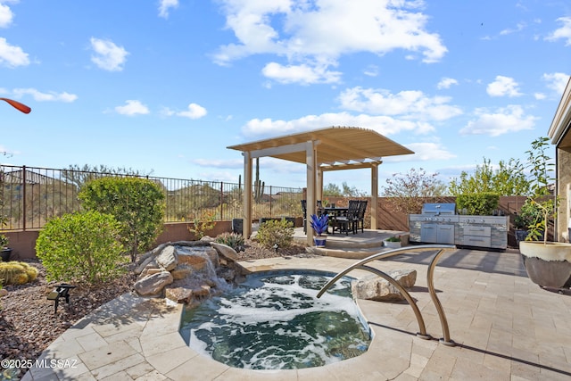 view of patio featuring a pergola, a fenced backyard, area for grilling, and an in ground hot tub