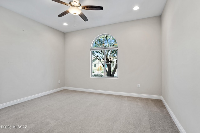 unfurnished room featuring ceiling fan, baseboards, recessed lighting, and carpet floors