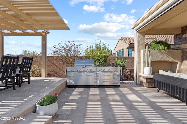 view of patio / terrace featuring fence, a pergola, grilling area, and area for grilling