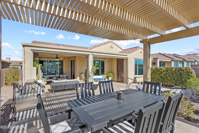 view of patio / terrace featuring a pergola, ceiling fan, outdoor dining space, and an outdoor living space