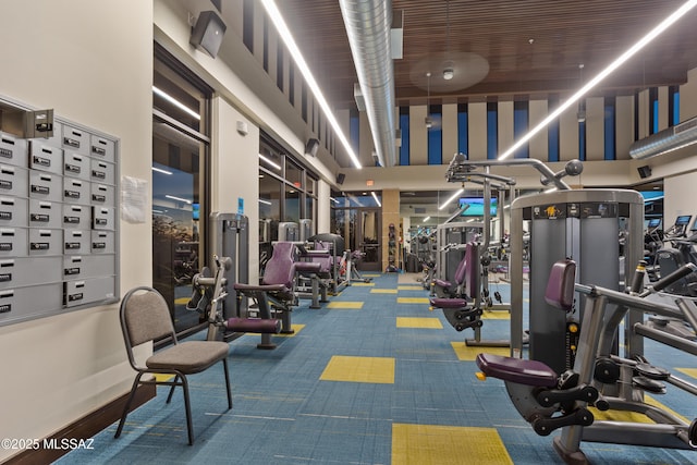 gym with a towering ceiling