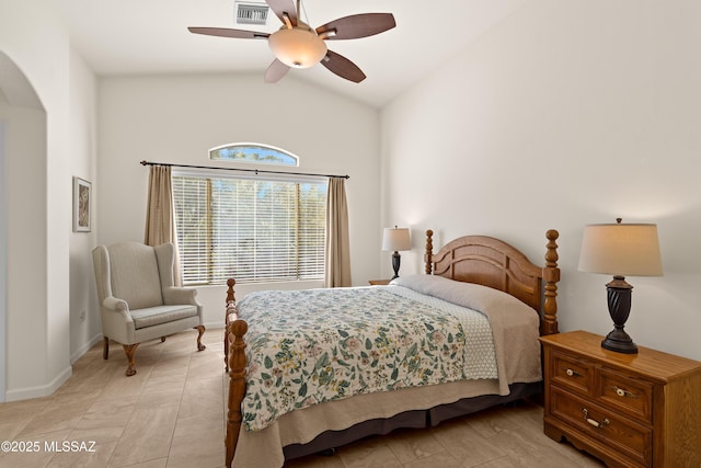 bedroom with ceiling fan and vaulted ceiling