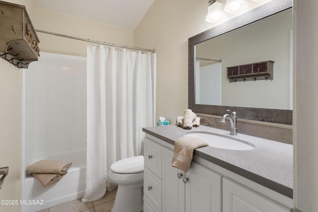 full bathroom with toilet, tile patterned flooring, shower / tub combo with curtain, and vanity