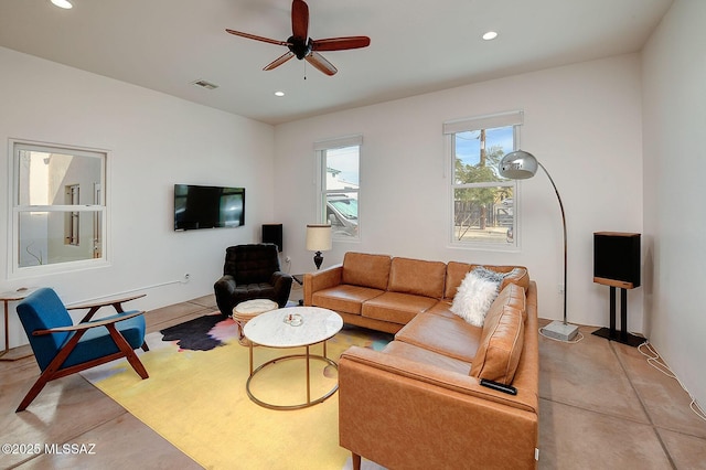 living room with ceiling fan