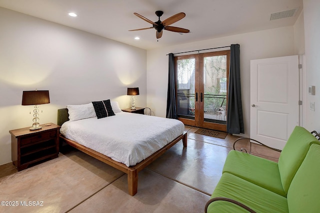 bedroom with access to outside, french doors, and ceiling fan