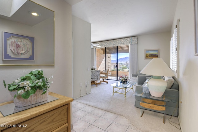 living room featuring light colored carpet