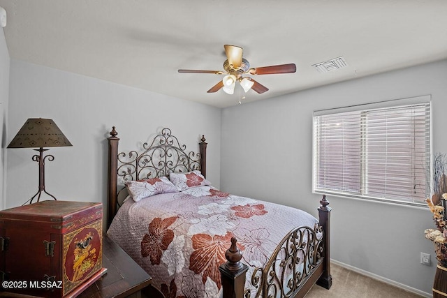 bedroom with light carpet and ceiling fan