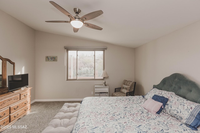 carpeted bedroom with lofted ceiling and ceiling fan