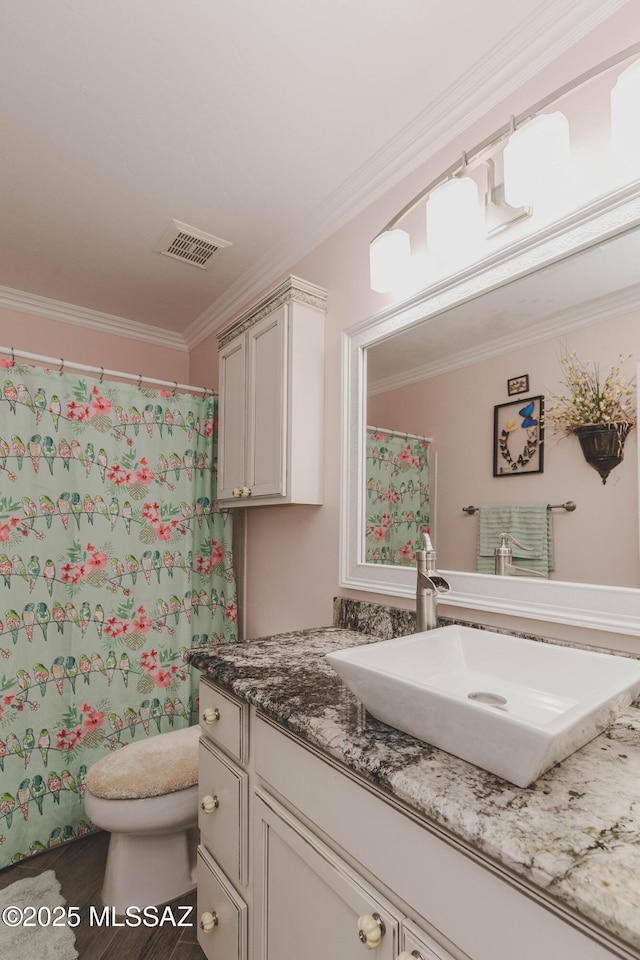 bathroom with ornamental molding, vanity, and toilet