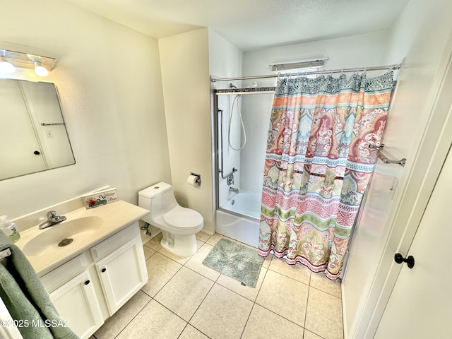 full bath with toilet, tile patterned flooring, shower / bath combination with curtain, and vanity