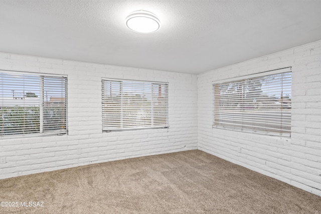 carpeted spare room with a wealth of natural light, brick wall, and a textured ceiling
