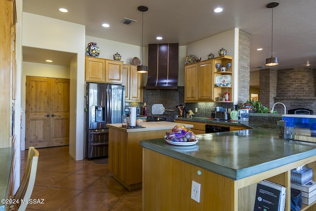 kitchen with wall chimney range hood, decorative light fixtures, a kitchen island, and black appliances