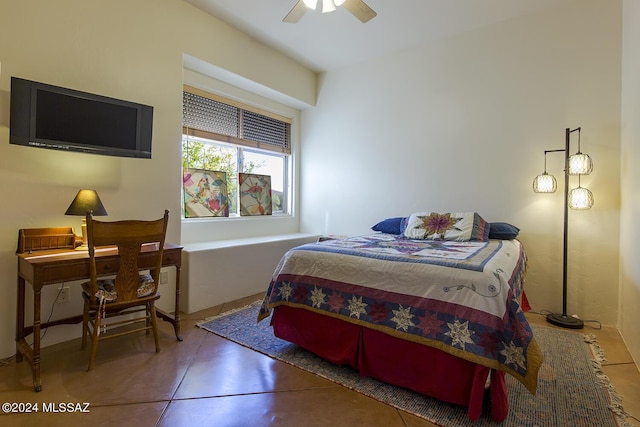 bedroom featuring concrete flooring and ceiling fan