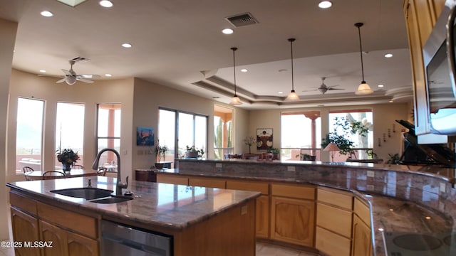 kitchen featuring sink, stainless steel dishwasher, a raised ceiling, and ceiling fan